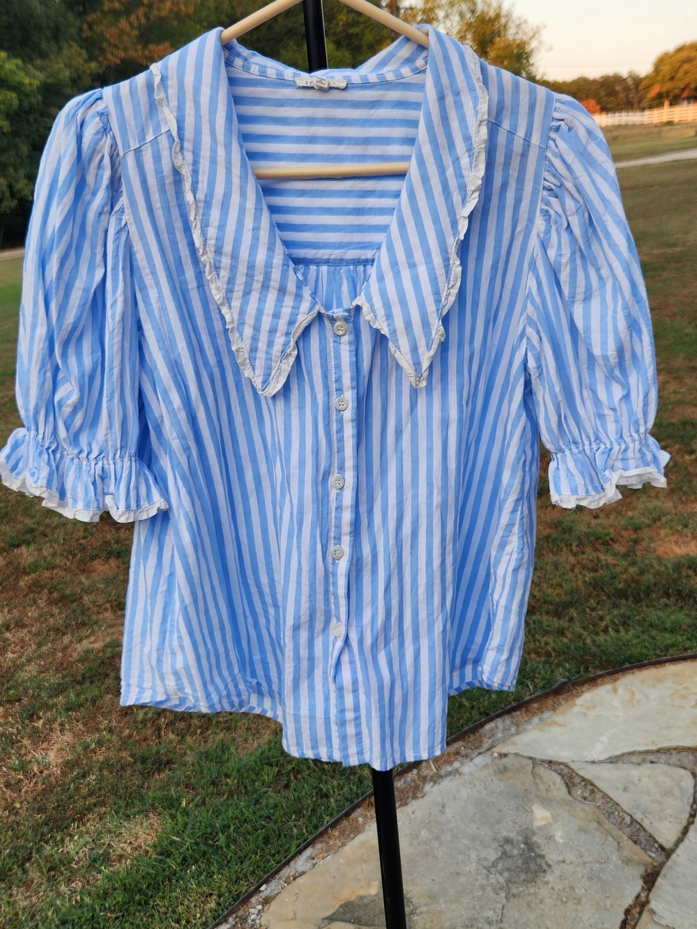 Jodifl Striped Puff Sleeve Blouse with Oversized Lace Trim Collar - L